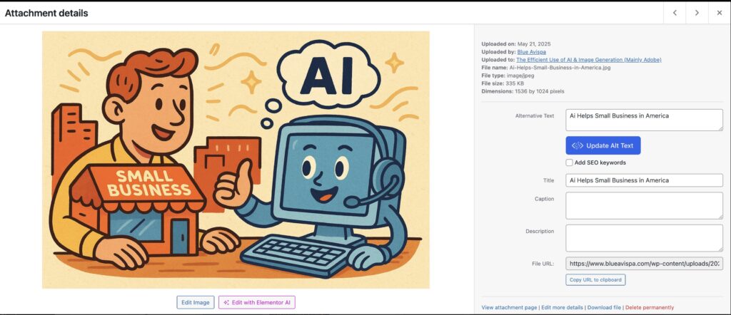 Screenshot of a cartoon of a person with a small business sign shaking hands with a smiling AI robot giving a thumbs up showing little alt text.